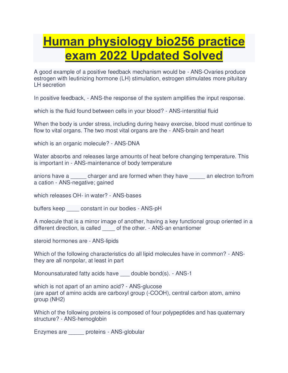 Preview image of Human physiology bio256 practice  exam 2022 Updated Solved document